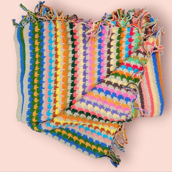 Vintage Striped Granny Square Afgan Blanket Queen Rainbow Multicolored Houndstoo - Picture 3 of 6
